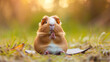 Cute and funny fat guinea pig sitting on a yoga mat and doing yoga outdoors