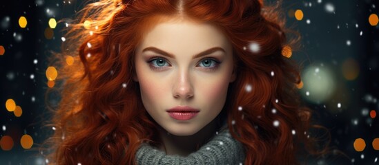 Wall Mural - A woman with fiery red hair and piercing blue eyes is sporting a cozy sweater while gazing directly at the camera