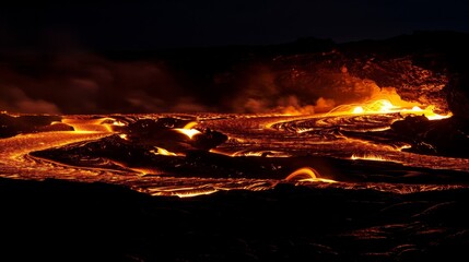 Wall Mural - Close-up of lava flowing from a volcano at night, illuminating the dark landscape with a bright, molten glow.