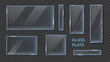 Glass plates template realistic set isolated on dark background. 3d clear glass banner or frame. Acrylic and glass texture with glares and light