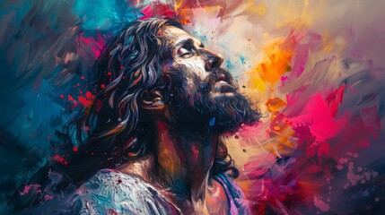 Jesus Christ. Oil painting style. Vibrant colors. The Savior Jesus Christ. Concept of faith, spirituality, Easter, divinity, Christian beliefs, resurrection. Art. Copy space
