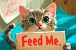 Cute hungry kitty asking for food with a sign that says 