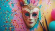 DIY tutorial concept image for creating your own Venetian mask, featuring craft materials and tools on a vibrant background.