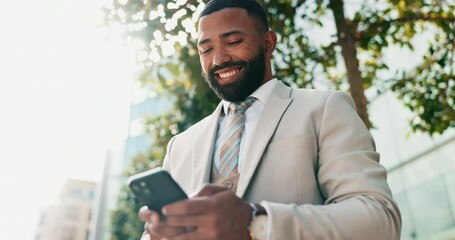 Poster - Happy, businessman and typing with phone for communication, social media or networking in the city. Outdoor, young man or employee with smile on mobile smartphone for online chatting, texting or app