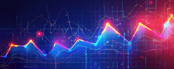 Abstract financial chart with uptrend graph on neon background with grid. Investment, economics and stock market concept