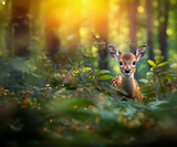 Fototapeta  - Sarna wpatrująca się w jakichś ruch przed sobą, skryta w leśnej trawie, piękne jesienne barwy
