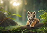 Fototapeta  - Słodki mały tygrys odpoczywający na gałęzi
