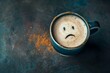 A wooden table is decorated with a metal coffee cup displaying a frowning face drawn on it, conveying a sense of sadness and gloom