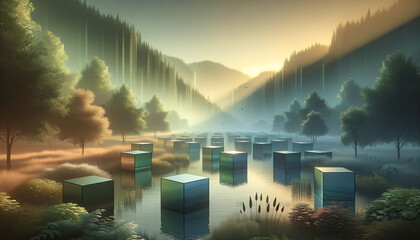 Wall Mural - Tranquil landscape with artful calibration cubes blending technology and nature