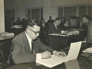 Wall Mural - A man in a suit is writing on a piece of paper at a desk