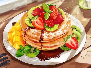 Wall Mural - A plate of pancakes with strawberries and kiwi on top