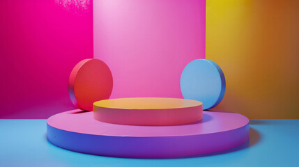 Poster - A colorful room with a blue wall and a pink wall. There are four round objects in the room, all of which are different colors. colorful product podium, colors green, red, blue, yellow, pink, orange