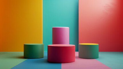 Poster - A colorful room with a blue wall and a pink wall. There are four round objects in the room, all of which are different colors. colorful product podium, colors green, red, blue, yellow, pink, orange