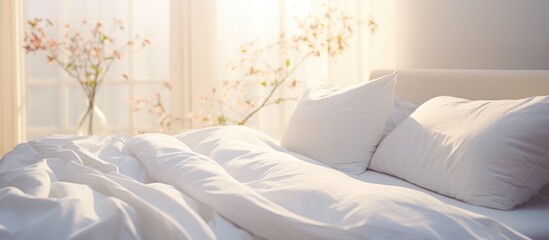 Wall Mural - In a modern bedroom setting, an unmade bed with crisp white sheets and fluffy pillows stands prominently. The morning light gently illuminates the room, creating a simple yet inviting scene.