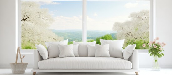 Wall Mural - A white couch is placed in front of a window, showcasing a view of a summer landscape. The room features a Scandinavian interior design aesthetic with clean lines and minimalistic elements.