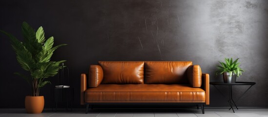 A black living room with a brown leather couch, adorned with cushions, and two potted plants placed strategically in the room.