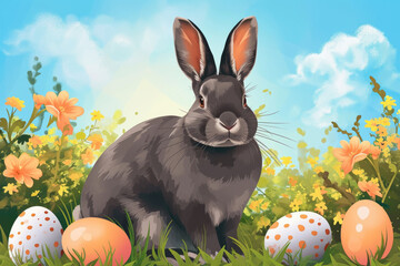Wall Mural - Rabbit is sitting in field of flowers and eggs