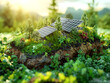 Imagens de maquetes de casa em miniatura com energia solar, destacando sua importância. Uso: educação ambiental, conscientização sobre energia limpa, sustentabilidade residenc