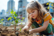Crianças plantando mudas de árvores. Uso: educação ambiental, consciência ecológica, sustentabilidade, futuro sustentável, reflorestamento e paisagismo.