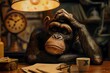 Schimpanse sitzt am Esstisch, Hände über dem Kopf zusammengeschlagen, Konzept Erschöpfung und Depression
