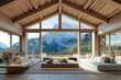 a cozy, modern living room with large windows showcasing a breathtaking view of serene, snow-capped mountains and clear skies