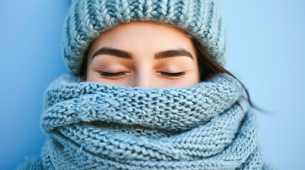 Wall Mural - Woman wearing blue knit hat and scarf is looking away from camera