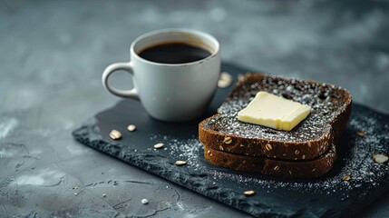 Wall Mural - Morning breakfast with black bread and butter. Background concept