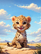 A cute smiling cheetah baby sits joyfully on the ground, set against an  panorama of the african savanna with clouds on blue sky. As a charming Chibi Illustration Style. Created with generative A.I.