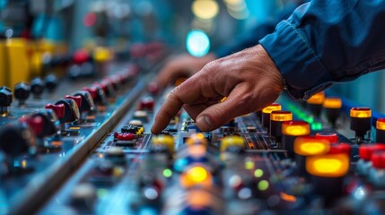 Worker in a control room managing a dashboard of a factory chain. Industry 4.0 digital worker in a ordinary factory. Innovation job. First of May