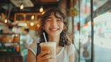 Smiling teenage girl drinking and enjoying Bubble boba milk tea in cup with tapioca pearls, blurred cafe restaurant background. Summer drink concept. Generative ai