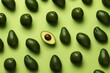 Organic avocado with seed, avocado halves and whole fruits on light green background. Healthy vegetarian food and lifestyle concept. Top view. Generative ai