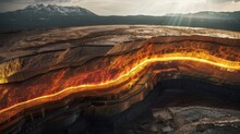 Visualization Of The Earth's Core With Streams Of Lava And A Cutaway View Of The Geological Layers.