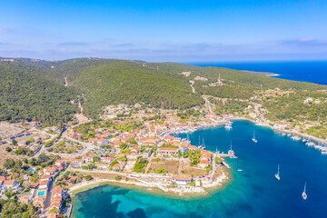 Wall Mural - Aerial drone view of Fiscardo village port with luxury boats and yachts on Kefalonia island, Greece.