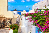 Fototapeta Tulipany - Greece vacation iconic background. Famous windmill with pink bougainvillea flower in Oia village with traditional white houses during summer sunny day Santorini island, Greece.