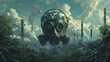 Earth, with a gas mask, stands amidst clean and dirty industrial plants, highlighting the pressing need for net zero emissions.
