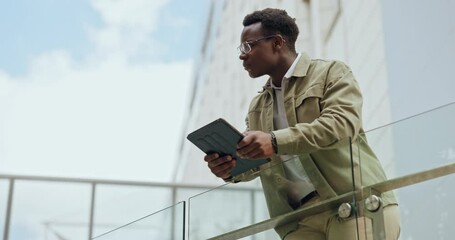 Fototapete - Black man, city and thinking with tablet on balcony for research, communication or networking. Young African businessman in wonder or thought with technology on terrace for vision or creative startup