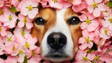Adorable Portrait Capturing The Charm Of A Dog's Face Framed By A Vibrant Array Of Pink Flowers