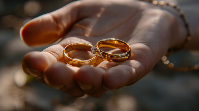 Golden wedding rings in the palm of the groom's hand, close-up. Wedding and engagement concept, romance. Generative AI