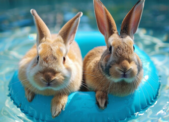 Wall Mural - Two adorable rabbits relax on a blue inflatable tube in a swimming pool