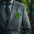 A young businessman in a gray suit. A green leaf in his jacket pocket. A green leaf symbolizing environmental protection. Generated by AI.