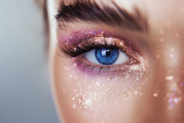 Woman face with gold glitter eyes makeup. Fashion celebrate makeup, glowy clear skin. Generative AI