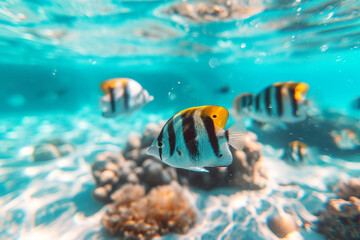 Wall Mural - beautiful pretty nice cute funny fish in ocean. sea, aquarium, swimming exotic under depth, colourful reef, water salt ecosystem biology nature flora and fauna.