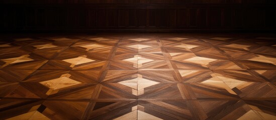 Wall Mural - A wooden parquetry floor is illuminated by a beam of light, creating a striking visual contrast. The light highlights the intricate patterns of the floorboards,