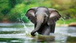 closeup view of cute and adorable baby elephant in splashing water in happy mood, lovely zoomed shot of animal.