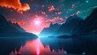 Fantasy night landscape seascape with mountains and moon