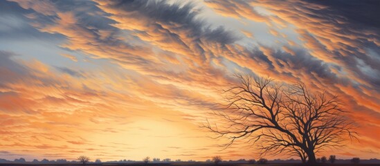 Poster - A tree stands in the foreground with a mesmerizing sunset in the background, creating a beautiful natural landscape with a captivating afterglow