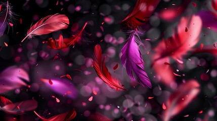 Wall Mural - Black background with purple and red feathers falling in soft scene. Feathers falling on a dark background in a romantic style.