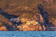 Manarola, Italy - July 31, 2023: Manarola village viewed from the sea, Cinque Terre, Italy