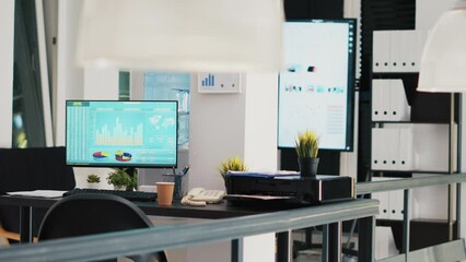 Poster - Office with computer monitor on desk showing stock exchange listings and display in background with business charts. PC in workspace with trading platform indexes and company data graphs in the back