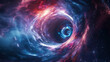 Surreal cosmic scene with a vibrant blue and pink swirling galaxy, depicting a science fiction space vortex or wormhole.
